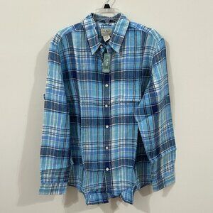 LL Bean Shirt Mens Large Blue Plaid Button Up Slightly Fitted Linen Regular Fit